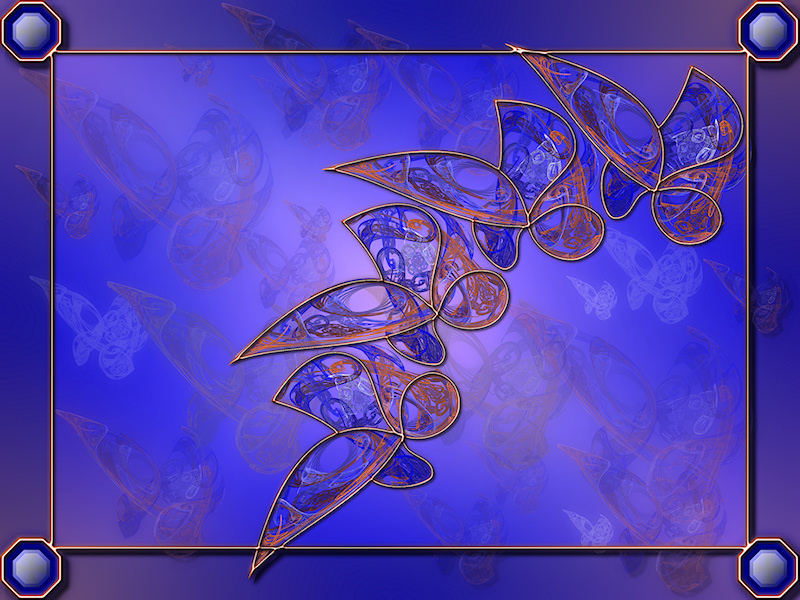 A flutter of sapphire, copper, and white fractals in the shape of butterflies dance across a royal blue background, overlaid with copper framing and sparkling bright blue gems.