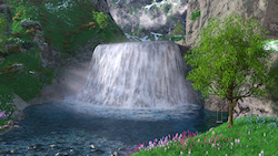Foaming water falls into the deep pool and feeds a rocky mountain stream. Grass and heather soften the rock walls overshadowing the falls, with patche...