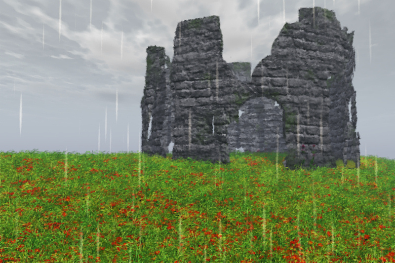 A 3D scene created in Vue, depicting the site of an ancient battle, with only the crumbling ruins of a medieval stone tower and red flowers in the grass to commemorate it. The falling rain and soft watercolor effect enhance the sadness of the hilltop scene.