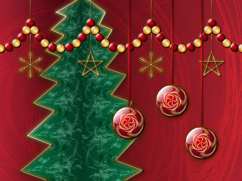 Layers of fractals make up this stylized Christmas design. A muted red backdrop, a spiky green tree, gold stars and snowflakes hanging from a strand of red and gold beads, and three red balls with a twirling gold design hanging in front.