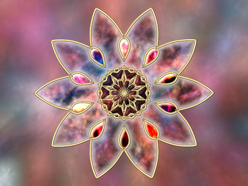 A pale but colorful fractal design like star clouds in outer space or multi-colored marble with shades of pink, mauve, peach, and blue. The background is a mottled texture like a distant nebula, and the piece is accented by a gold-framed starburst medallion as if inlaid with gold filigree. Completing the picture are smooth opal-like jewels and faceted gemstones inset in a golden floret.