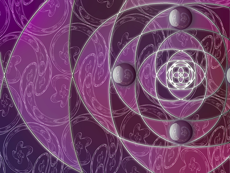 A stained-glass-like design of silver spirals and shades of plum, over a repeating backdrop of spiral fractals. The silver spirals converge into a silver rose design, with round gems for accents.