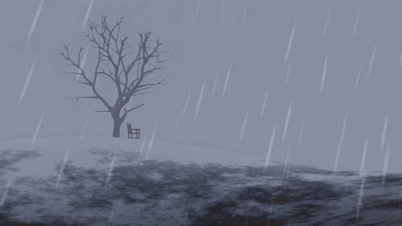 On top of a hill white with ice and snow, against a stormy grey sky with rain or sleet falling steadily, a lone, bare maple tree stands with a wooden bench under it.