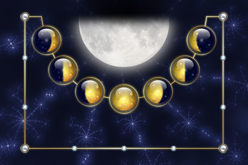This sparkling design illustrates the lunar cycle in bright gold and deep blue. The jewels representing the moon phases run in a semi-circle from waxing crescent, to first quarter, waxing gibbous, full moon, waning gibbous, last quarter, and ending on a waning crescent. They are set against a fractal backdrop like the starry sky, with a silvery glowing moon photo from NASA to complete the piece.
