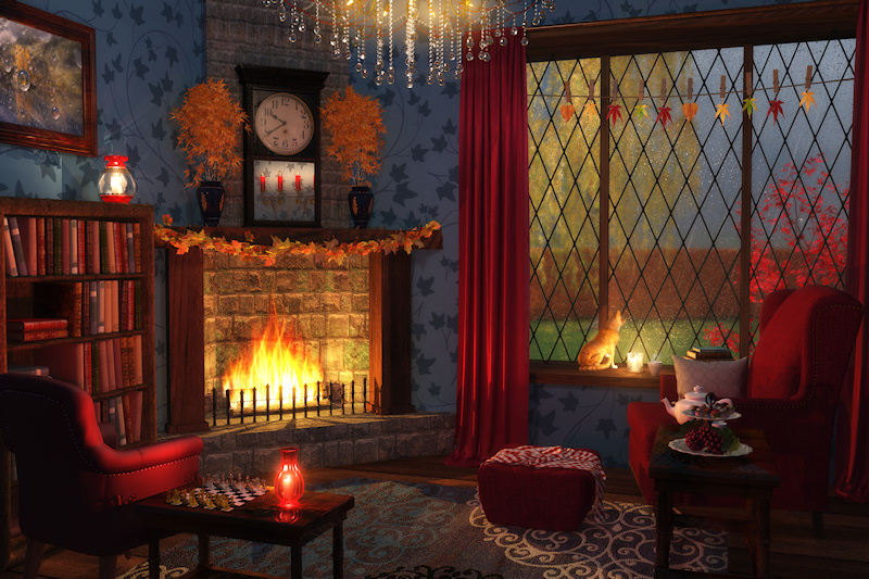 A cozy reading corner on a rainy autumn day. Around the hearth with a blazing fire are cushy red armchairs, with stacks of books and teacakes and a teapot to complete the comfort. Outside a yellow willow and red maple and beech hedge are obscured by the blowing rain, which sprinkles the window where a ginger cat sits looking out.