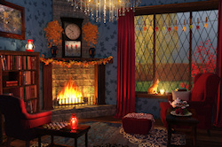A cozy reading corner on a rainy autumn day. Around the hearth with a blazing fire are cushy red armchairs, with stacks of books and teacakes and a te...