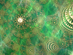 Fractals combined to create green light patterns on the sea floor, overlaid with ornate gold spirals and a single pearl. The fractals were created in ...