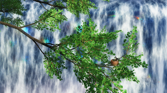 A cascading waterfall sparkles in the sunlight. A single branch from a tree on the edge of the falls hangs out precariously over the rushing water. In the crook of the branch a little bird has built a nest, peacefully perched above the turmoil.