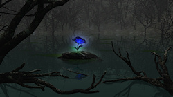 A dark, still pond surrounded by leafless trees. On a rock in the middle of the water, a single, glowing, blue rose. 'The blue rose means mystery. An ...