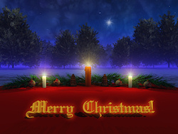A 3D Christmas scene created in Vue, with candles set on red in front of pine garland accented with red and gold ornaments. In the snowy background ar...