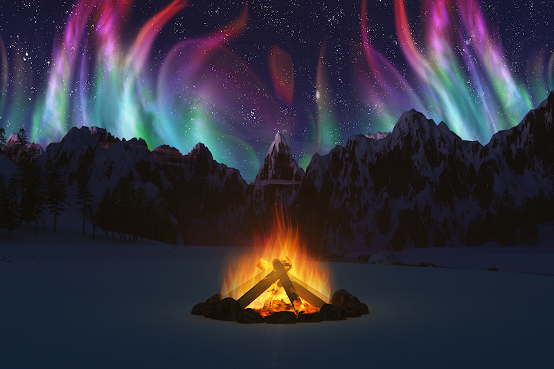 In a snow-covered valley on a frosty night in the dead of winter a bonfire leaps up to mirror the northern lights filling the sky above the distant mountains.