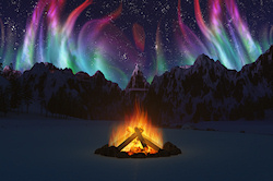 In a snow-covered valley on a frosty night in the dead of winter a bonfire leaps up to mirror the northern lights filling the sky above the distant mo...