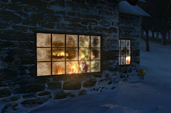 Looking in the cottage windows on a frosty winter night just before Christmas. Bright red candles are alight, sending a warm glow out over the snow. T...