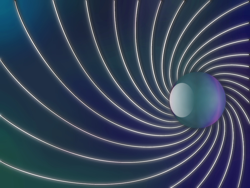 Silver spirals spin through the ocean depths and converge behind a smooth blue, purple, and green gem.