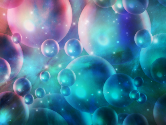 A colorful outer space fantasy studded with stars. The intergalactic sky is filled with planets and stars rushing through space like bubbles down a stream.