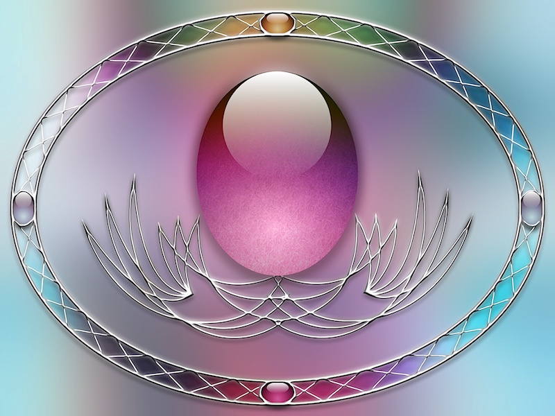 A pastel blue, lavender, and pink design with a translucent pink egg in a silver filigree setting, circled by a light silver oval frame set with four more smooth gems like colorful eggs.