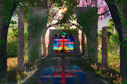 An old stone church stands in ruins amid the grass and flowers of a sunny hilltop, but the stained glass window still colors the morning light with th...