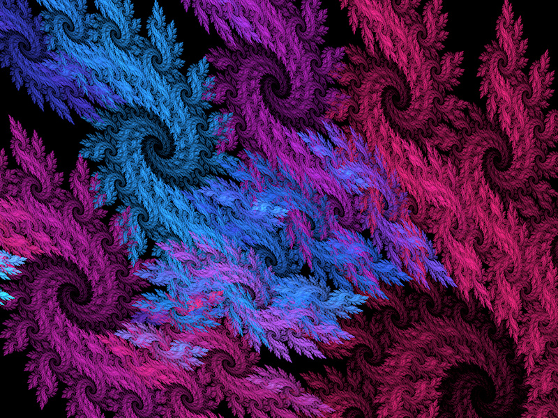Swirling fractal patterns of dark pink, purple, and blue against a black background, like the eye of a hurricane or an Oriental dragon.