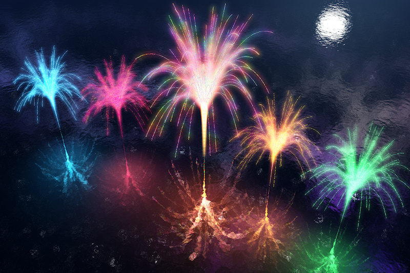 Five sprays of fireworks reflected in the dark water beneath - a bursts of pale blue, rose pink, bright gold, and mint green, and in the center sparkles of all the colors of the rainbow.