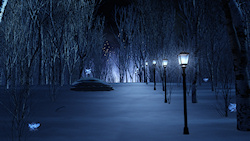 A snow-covered path meandering through the birch forest on a dark winter night. The way is lined with lampposts giving off a silvery blue glow, but in...