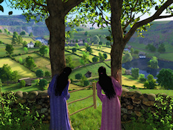 Twin young ladies peer out from behind two trees down into a lush green glen between rocky hills, filled with little farms and hedgerows and stone wal...