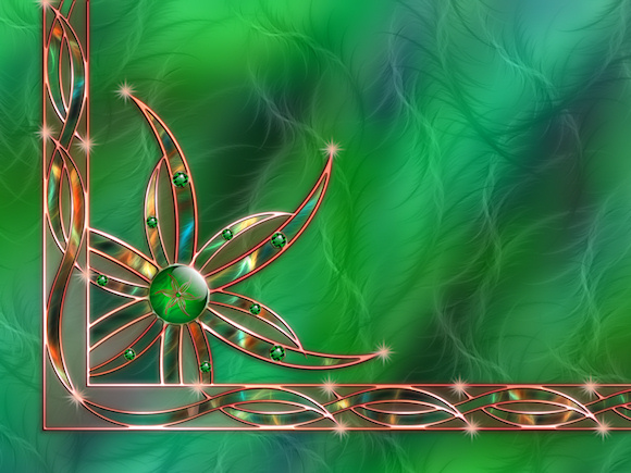 An abstract work in bright green and copper. A clear green gem is surrounded by copper-edged blades of grass accented with sparkling emeralds and orange starbursts. The waving, curving fractals in the background appear in deeper green, brown, and orange inside the copper filigree of the leaf motif.