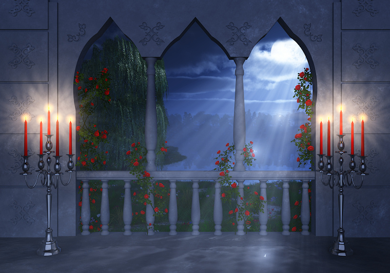 Standing on a candlelit balcony at night, looking out on red roses and a willow tree growing on the grassy bank of a lake. The bright rays of the silver moon stream through the window arches.