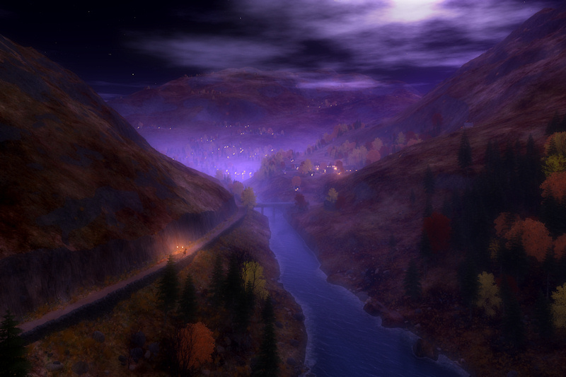 It's a moonlit night in a highlands river valley between hills brown with autumn grass and trees. The lights of a solitary wagon light the narrow path that follows the hillside along the river. On the mountainsides obscured by a purplish fog the home lights of distant villages wait to welcome the lonely traveler home.