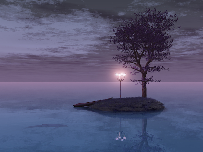 A 3D fantasy scene created in Vue: on a lonely island in the midst of the peaceful sea stands a lamppost with four pale pink glowing lamps. A lone tree with purple-grey leaves, an abandoned little boat, and a passing dolphin are the only other signs of life in this eerie ocean. Not more than one person in five hundred years finds this tiny island. It doesn't stay in one place very long. But anyone who is drawn to these mysterious lanterns, and comes to get a closer look, vanishes into another world, and never comes back. The question is, do they want to?