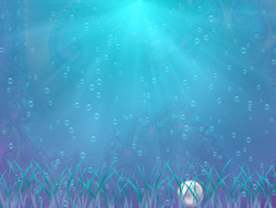 A digital underwater illustration showing rays of sunlight streaming down through blue-green water full of bubbles. Hidden in the lavender-green weeds...