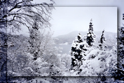 A photograph showing just a glimpse of the mountain lake through snow-covered fir trees. This landscape picture is digitally manipulated to look like ...