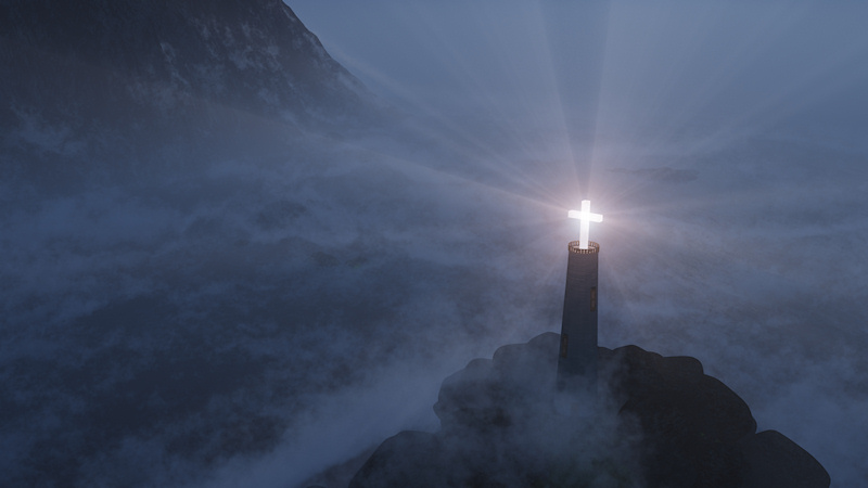 A lighthouse with a cross as the light shines out over the rocks and breakers of a mist-covered shore, showing incoming boats the way to safety.