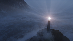 A lighthouse with a cross as the light shines out over the rocks and breakers of a mist-covered shore, showing incoming boats the way to safety....