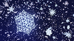 A 3D close-up of a snowflake against a background of falling flakes in a dark winter night sky....
