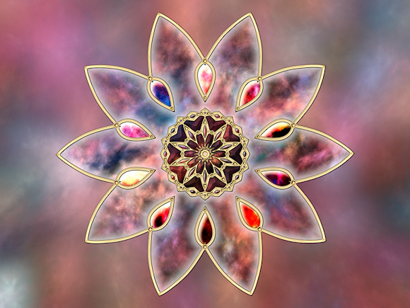 A pale but colorful fractal design like star clouds in outer space or multi-colored marble with shades of pink, mauve, peach, and blue. The background is a mottled texture like a distant nebula, and the piece is accented by a gold-framed starburst medallion as if inlaid with gold filigree. Completing the picture are smooth opal-like jewels and faceted gemstones inset in a golden floret.
