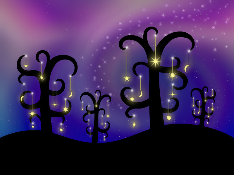 A digitally drawn fantasy landscape of silhouetted trees bearing fruit in stars and moons. From the dark branches hang golden chains of beads ending in a variety of glowing star shapes, crescent moons and full moons, each attached to the branch by a sparkling starburst. The background is a swirling twilight sky in blue and pink studded with tiny sparkles of light, with a spiraling trail of glittering stars circling the trees.