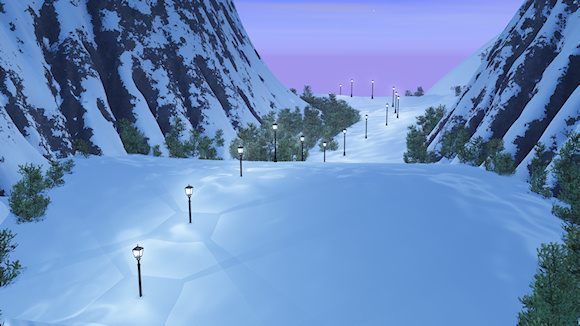 A 3D fantasy landscape full of shimmering snow and magical fairy lights. A row of silvery shining lamps lights the trail through a snowy mountain pass hemmed in by steep rocky cliffs. The sparkling snow-covered path is hemmed in by dark fir trees.