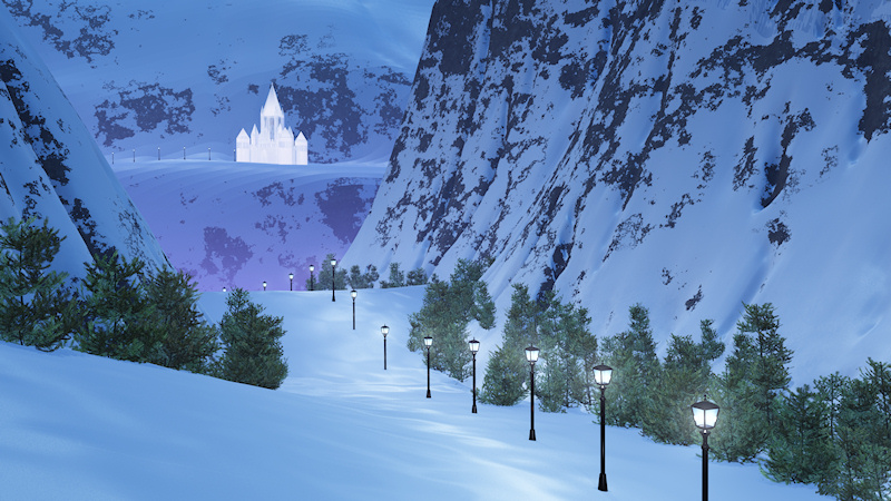 A 3D fantasy landscape full of shimmering snow and magical fairy lights. A row of silvery shining lamps lights the trail through a snowy mountain pass hemmed in by steep rocky cliffs. The sparkling snow-covered path is hemmed in by dark fir trees. On the far side of the cleft a translucent glowing fairy castle awaits the enchanted traveler on his journey to fairyland.