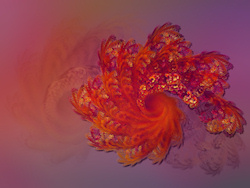 A repeated fractal pattern like the flaming feathers of the mythical firebird. Swirls of vivid orange, purple, and gold against a muted lavender and p...