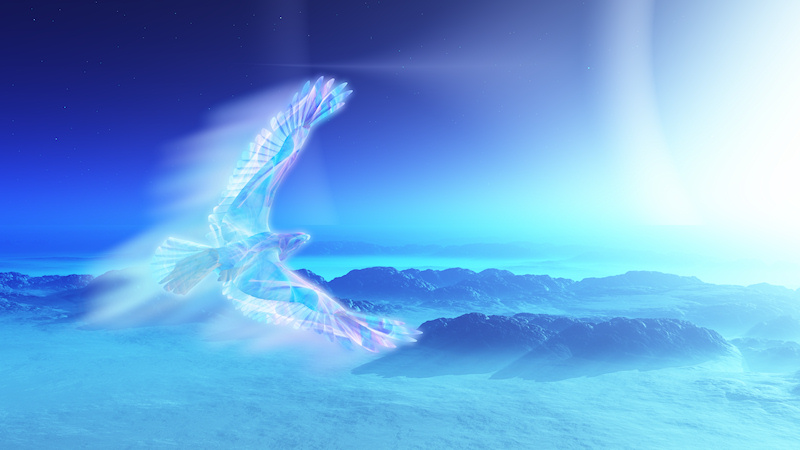 A 3D fantasy landscape created in Vue. Above a cold and barren landscape a bird soars through the frozen air toward the sun and its ice rings. This bird is an ice phoenix - the Arctic counterpart of the mythical firebird. Its feathers glow with pale flames in icy shades of blue and lavender. Behind its wings streams a trail of white fire. The ground below is covered in snow and mist, broken by bleak rocks with no sign of life. But the sky above is clear blue, turning to blazing white near the midnight sun.