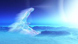 A 3D fantasy landscape created in Vue. Above a cold and barren landscape a bird soars through the frozen air toward the sun and its ice rings. This bi...