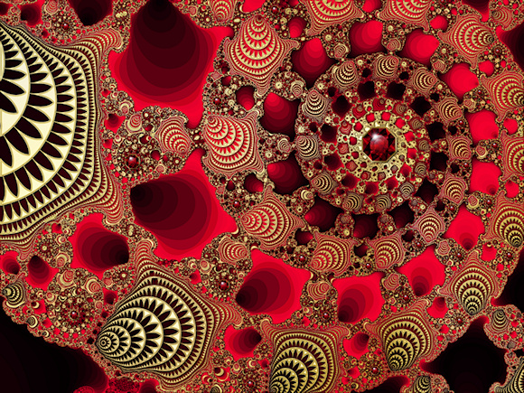 A sparkling fractal design with ornate spirals of dark and vivid red, overlaid with gold filigree like metallic seashells and studded with glittering rubies.