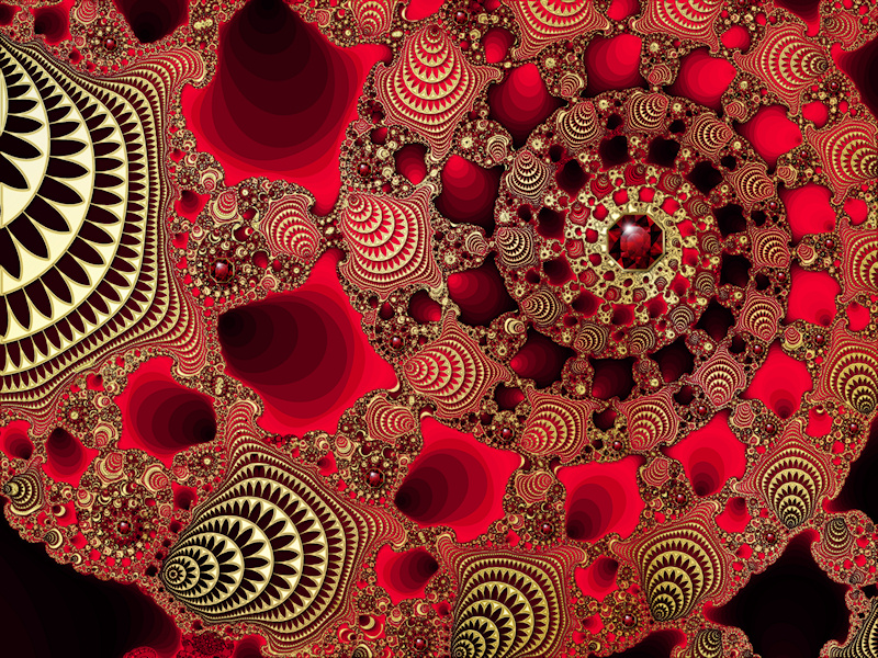 A sparkling fractal design with ornate spirals of dark and vivid red, overlaid with gold filigree like metallic seashells and studded with glittering rubies.