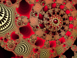 A sparkling fractal design with ornate spirals of dark and vivid red, overlaid with gold filigree like metallic seashells and studded with glittering ...