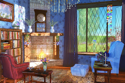 A cozy reading corner on a sunny spring day. Warm sunlight streams in through the lattice windows, leaving shadows on the wall and lighting up the che...