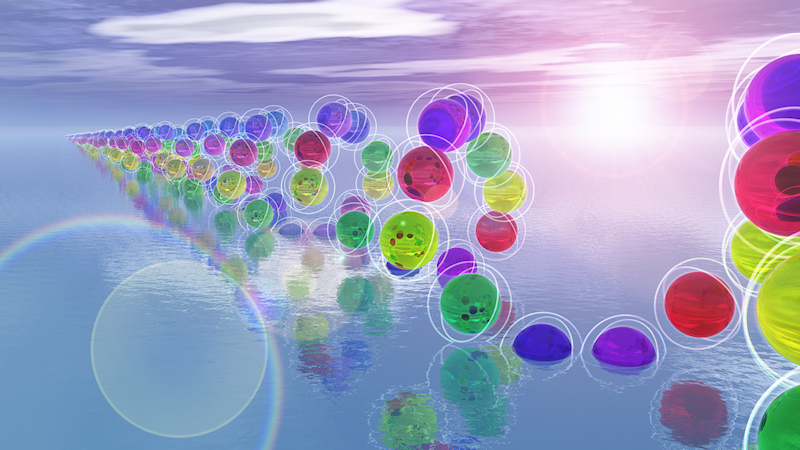 A 3D science fiction seascape created in Vue, depicting a light pink and lavender sunset behind a structure of multi-colored spheres like giant atoms spiraling into a pale blue sea.
