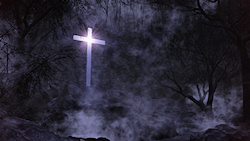 An unusual 3D Easter design created in Vue and illustrating salvation from darkness to light through the cross of Christ. In a dark forest the trees a...