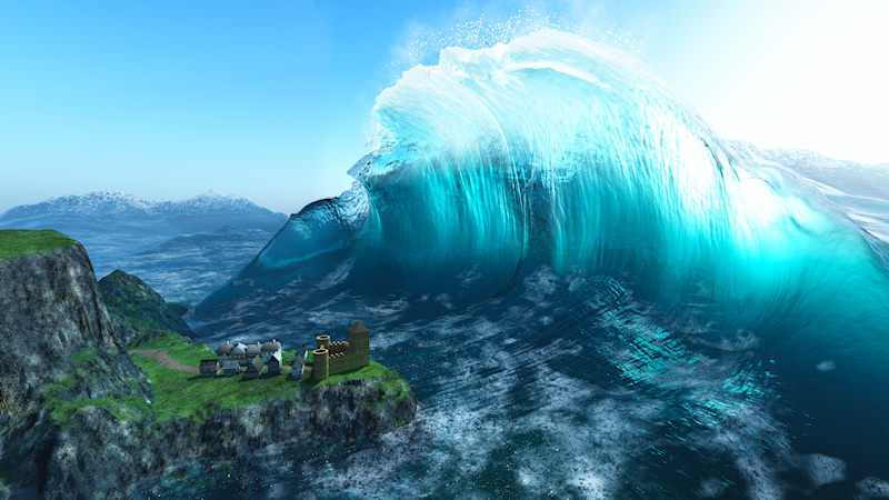 A massive wave leaps up from rough seas, sparkling white and blue and turquoise in the blazing sunlight. Under the wave, about to be submerged, is a little town with a castle and medieval cottages built on a rocky headland.
