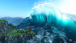 A massive wave leaps up from rough seas, sparkling white and blue and turquoise in the blazing sunlight. Under the wave, about to be submerged, is a l...