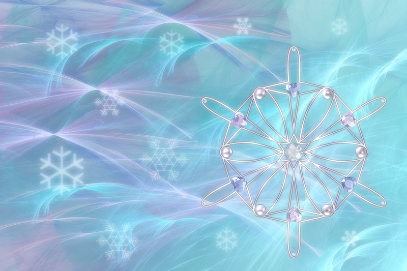 A pastel winter fractal scene like snow flurries blowing in the wind. But there's nothing cold or uninviting about this snowstorm. Soft white flakes appear scattered against the swirling sky blue and lavender. Accenting the piece is a silver filigree snowflake studded with jewels and pearls. Sparkling white diamonds, pale blue and pink heart shaped gems, and lavender-tinted pearls twinkle at the viewer. The title is a dance from 'The Nutcracker' ballet by Tchaikovsky.